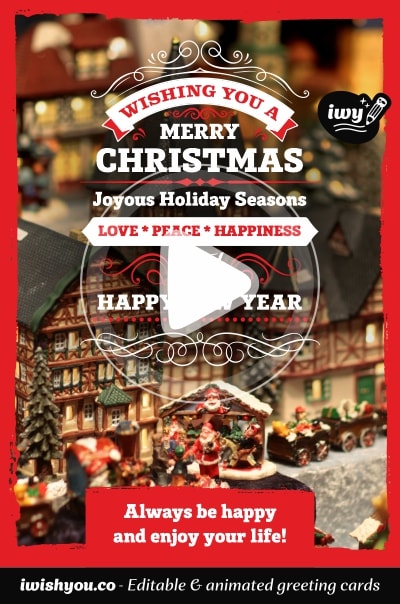 Red Merry Christmas 2021 & Happy New Year 2022 greeting card (with editable text and animation) toy world with Santa Claus and toy houses - Image