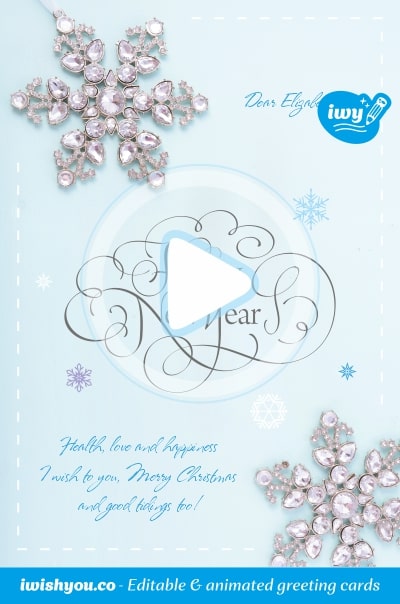 Blue Happy New Year 2022 greeting card (with editable text and animation) two purple snowflakes made of precious stones