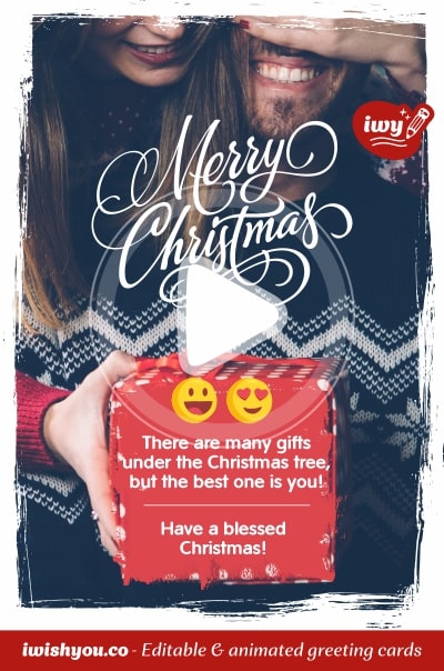 Merry Christmas 2021 greeting card (with editable text and animation) Loving couple. Girl is giving a gift with good wishes & emoji to her boyfriend.