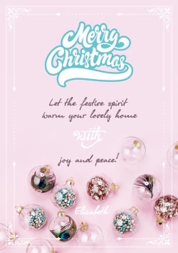 Pink Merry Christmas greeting card 2021 (with editable text and animation) Christmas decorations filled with peacock feather, colorful beads & glitter - Photo
