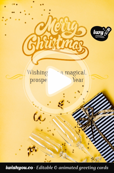 Gold & Yellow Merry Christmas greeting card 2021 (with editable text and animation) striped black & white gift surrounded by champagne glasses and confetti - Photo