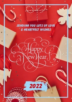 Red Happy New Year 2022 greeting card (with editable text and animation) gift, lollipops, gold confetti, tree, shopping package - Image