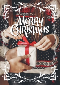 Merry Christmas greeting card 2021 (with editable text and animation) Lovely couple. Woman is receiving a gift from her boyfriend - Photo