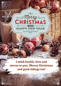 Merry Christmas 2021 & Happy New Year 2022 greeting card (with editable text and animation) snow, snowflakes, decorations, cones, gifts - Picture