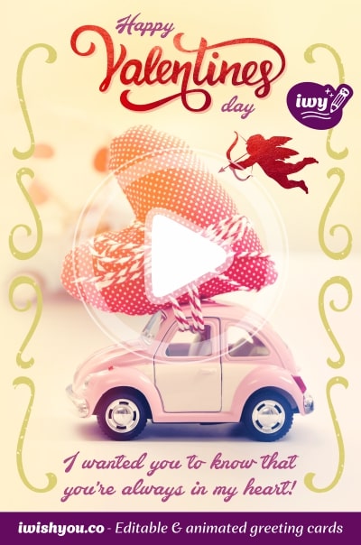 Creative White, Red and Yellow Happy Valentine's Day 2021 greeting card (with editable text and animation) pink toy car with read heart tied to it and cupid silhouette flying by