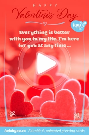 Red Happy Valentine's Day greeting card 2021 (with editable text and animation) red & pink hearts, cupid on the background, blue frame - Picture