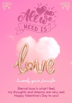Pink Happy Valentine's Day greeting card 2021 (with editable text and animation) gold balloon «love» inscription and white cloud - Picture