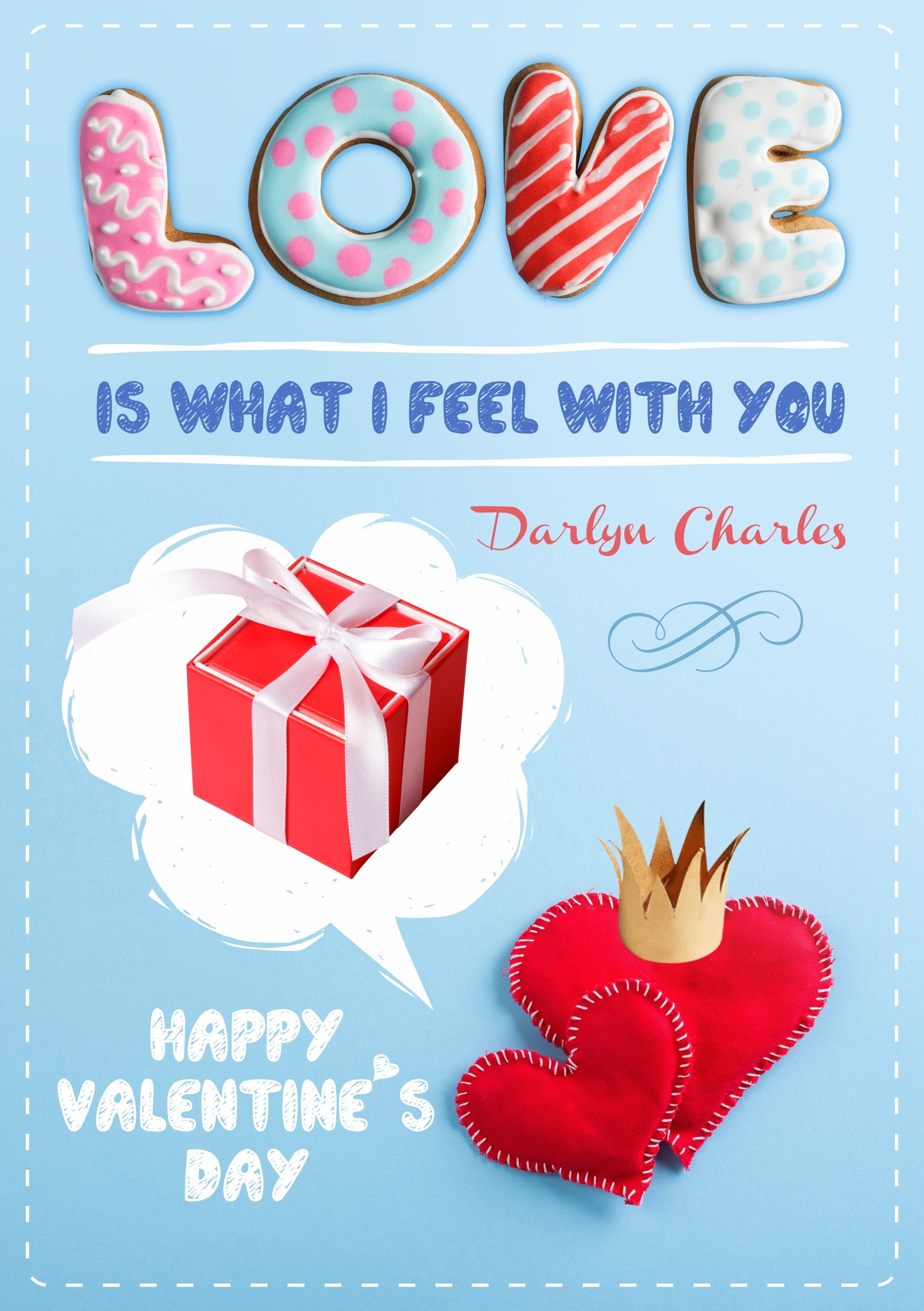 Blue Happy Valentine's Day greeting card 2021 (with editable text and animation) two red hearts, gift, colorful cookies inscription - Image