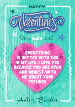 Turquoise Happy Valentine's Day greeting card 2021 (with editable text and animation) purple heart with best wishes, inscription and white frame