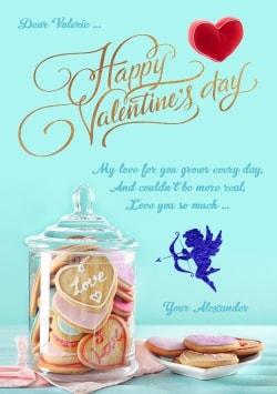 Blue & Turquoise Happy Valentine's Day greeting card 2021 (with editable text and animation) heart cookies in the jar and on the table with plush heart & cupid - Photo