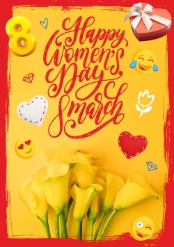 Yellow Happy International Women's Day greeting card (with editable text and animation) calla flowers, emoji & 8 March inscription - Picture
