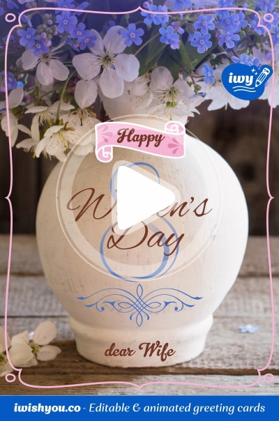 Happy International Women's Day greeting card (with editable text and animation) white & blue spring flowers in vase, woodern background - Photo