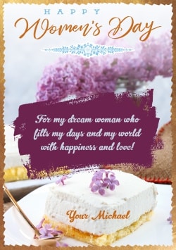 Happy International Women's Day greeting card (with editable text and animation) gold frame, lilac flowers, cheesecake on the plate with gold spoon