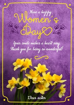Violet Happy International Women's Day greeting card (with editable text and animation) violet velvet background, yellow daffodil flowers - Image