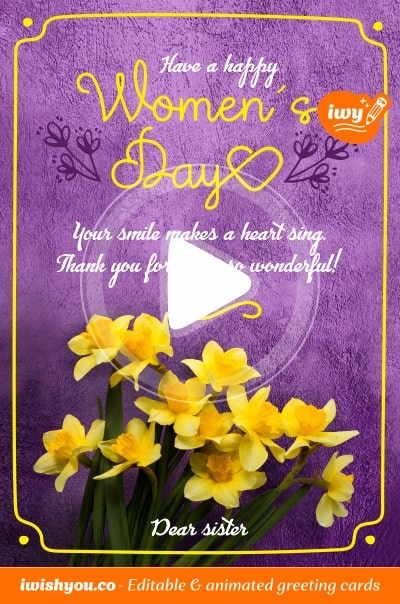 Violet Happy International Women's Day greeting card (with editable text and animation) violet velvet background, yellow daffodil flowers - Image