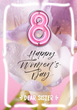 Pink Happy Women's Day greeting card (with editable text and animation) white flower on the background, pink neon 8 & frame - Image