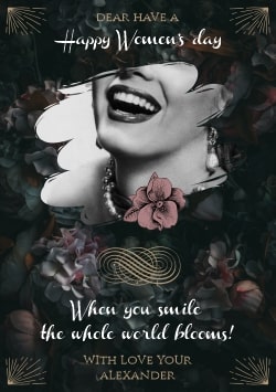 Black Happy International Women's Day greeting card (with editable text and animation) flowers on the black background, smiling woman - Image