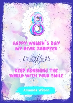 Happy International Women's Day greeting card (with editable text and animation) white & pink flowers on the background, colorful 8 March inscription