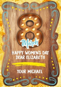 Happy International Women's Day greeting card (with editable text and animation) wooden background, flickering 8 March inscription, gold - Image