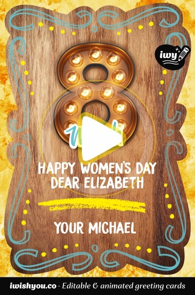Happy International Women's Day greeting card (with editable text and animation) wooden background, flickering 8 March inscription, gold - Image