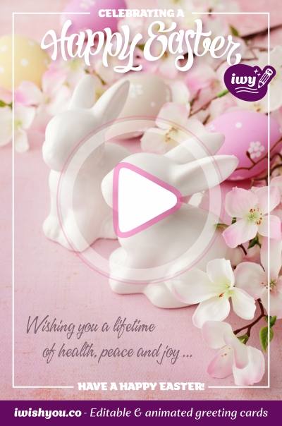 Pink Happy Easter greeting card (with editable text and animation) two white bunnies, pink eggs, white spring flowers - Image