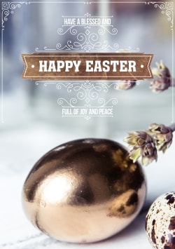 Happy Easter greeting card (with editable text and animation) gold Easter egg, willow branches and quail egg - Image