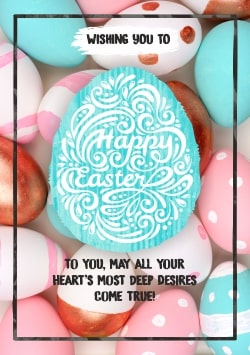 Happy Easter greeting card (with editable text and animation) pink, turquoise and white Easter eggs, big vector egg with inscription & frame - Picture