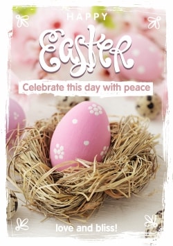 Pink Happy Easter greeting card (with editable text and animation) pink Easter egg in the nest in the foreground with many several eggs around