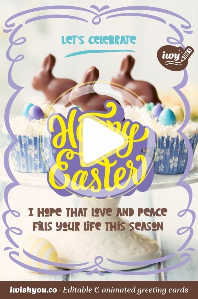 White Happy Easter greeting card (with editable text and animation) three chocolate Easter bunnies, cupcakes & best wishes - Image