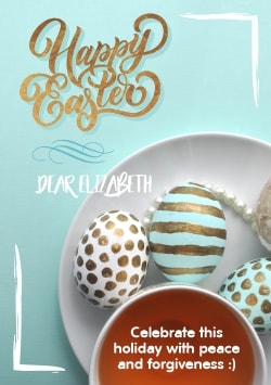 Blue Happy Easter greeting card (with editable text and animation) three Easter eggs, cup of tea and pearls are on the plate, gold text - Image
