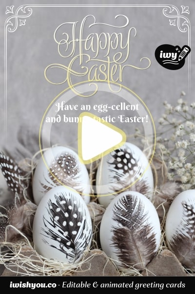 White & silver Happy Easter greeting card (with editable text and animation) white chicken eggs neatly covered with black quail feathers
