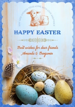 Blue Happy Easter greeting card (with editable text and animation) blue & yellow Easter eggs, quail feather, lamb - Picture