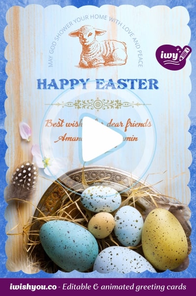 Blue Happy Easter greeting card (with editable text and animation) blue & yellow Easter eggs, quail feather, lamb - Picture