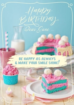 Blue Happy Birthday greeting card 2021 (with editable text and animation) pink & turquoise cake with coconut sweets, plates, milk - Image