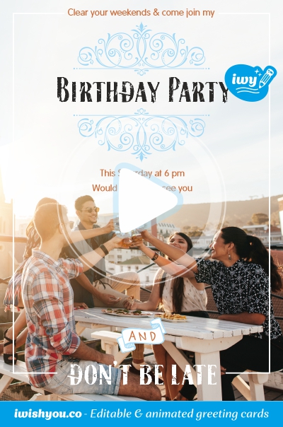 White Birthday Invitation Template 2021 (with editable text and animation) Photo of company of friends siting in café, celebrating, toasting