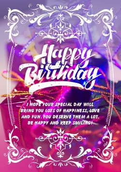 Purple and Pink Happy Birthday greeting card 2021 (with editable text and animation) purple, pink and violet glossy gifts, congratulatory inscription - Photo