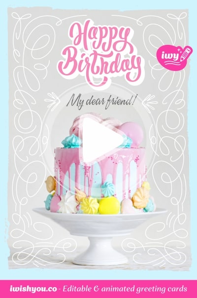 White Happy Birthday greeting card 2021 (with editable text and animation) colorful cake and sweets, Happy Birthday inscription - Photo
