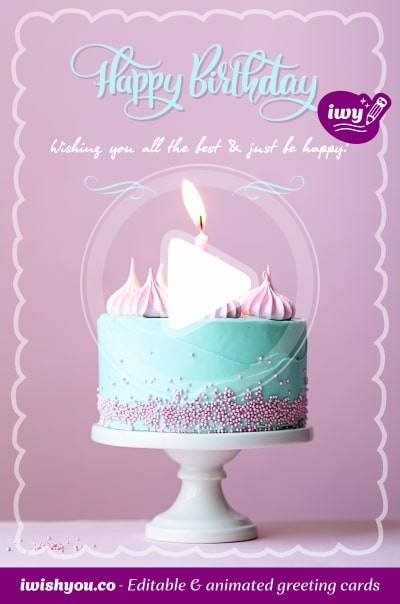 Purple Happy Birthday greeting card 2021 (with editable text and animation) turquoise cake with candle, Happy Birthday inscription - Photo