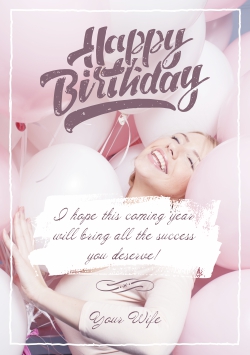 Pink Happy Birthday greeting card 2021 (with editable text and animation) girl smiles and rejoices at gifted balloons - Photo