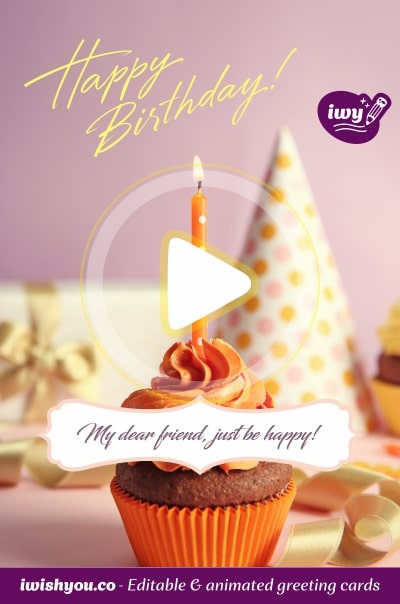 Happy Birthday greeting card 2021 (with editable text and animation) chocolate orange cupcake, candle, party hat, gift on Purple Background - Photo