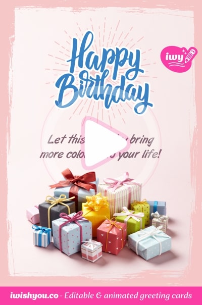 Pink Happy Birthday greeting card 2021 (with editable text and animation) colorful gift boxes and blue Happy Birthday inscription - Photo