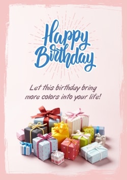 Pink Happy Birthday greeting card 2021 (with editable text and animation) colorful gift boxes and blue Happy Birthday inscription - Photo