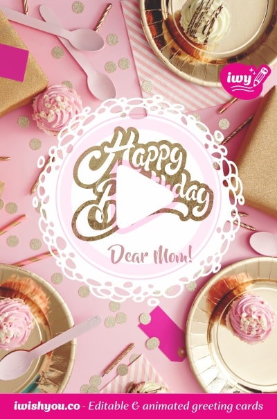 Pink Happy Birthday greeting card 2021 (with editable text and animation) golden plates & confetti, ice cream cakes, spoons, striped napkins - Image