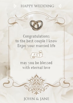 White Happy Wedding Day greeting card 2021 (with editable text and animation) gold engagement rings with congratulative message, white roses on the background - Picture