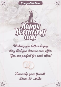 White Happy Wedding Day greeting card 2021 (with editable text and animation) gold engagement rings, white wedding flowers, purple Happy Wedding Day inscription - Image