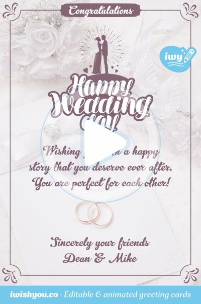 White Happy Wedding Day greeting card 2021 (with editable text and animation) gold engagement rings, white wedding flowers, purple Happy Wedding Day inscription - Image