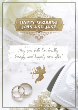 White Wedding Card 2021 (with editable text and animation) gold engagement rings, pearls, cupid silhouette on wedding background - Photo