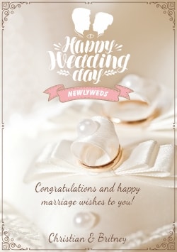 Creamy white Happy Wedding Day greeting card 2021 (with editable text and animation) gold engagement rings & pearl on wedding cloth - Image