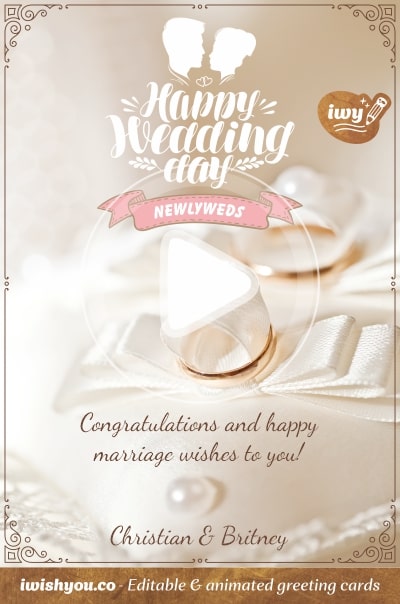 Creamy white Happy Wedding Day greeting card 2021 (with editable text and animation) gold engagement rings & pearl on wedding cloth - Image