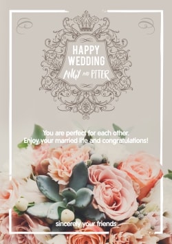 Happy Wedding Day greeting card 2021 (with editable text and animation) pink and apricot peonies on silver background with congratulative inscription - Photo